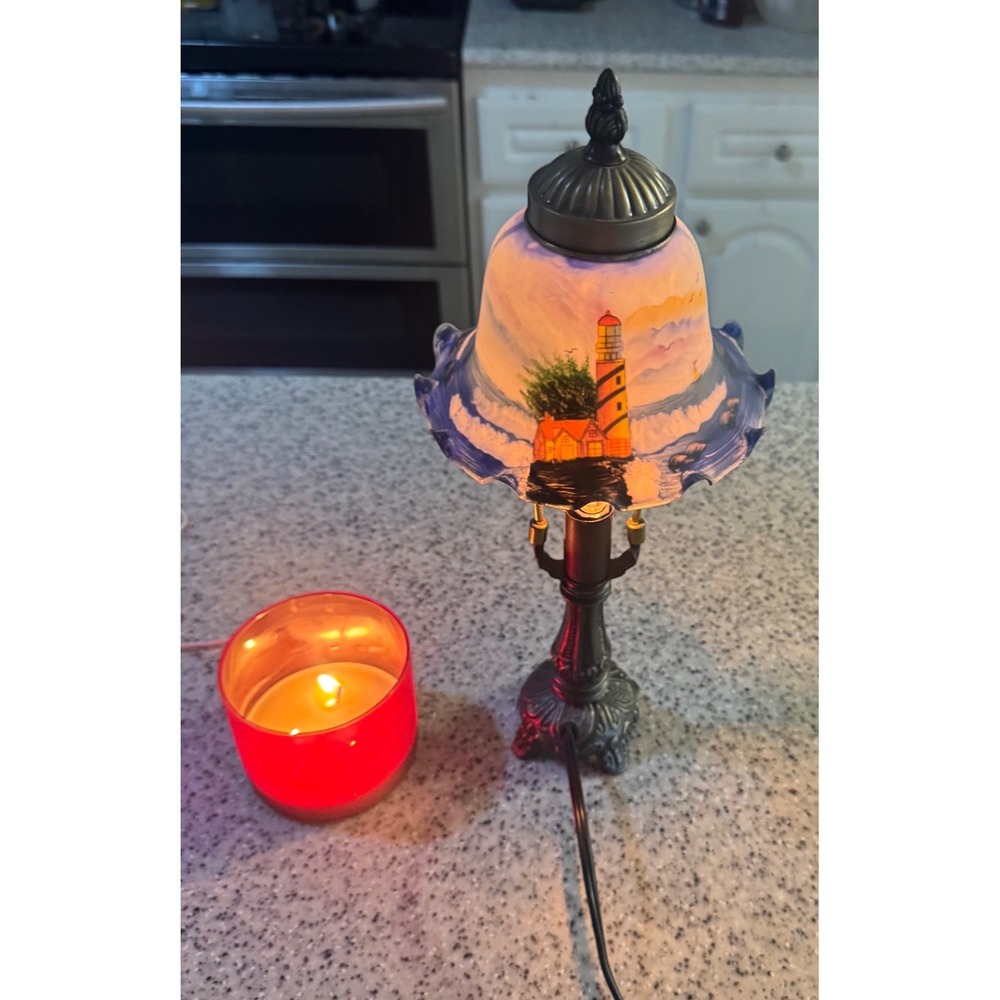Nautical Lighthouse Hand Painted Glass Shade  Lamp Bronze color Metal Base 16"